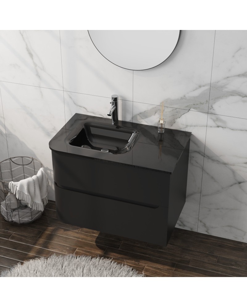 Szafka wisząca z umywalką szklaną Atlanta Black 800 w aranżacji łazienki (2)