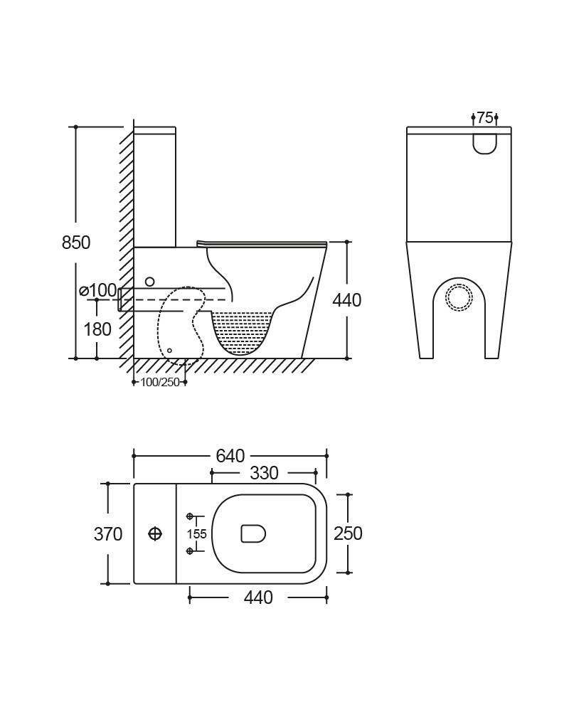 Kompakt WC Tryton 3.0 – rysunek techniczny z wymiarami