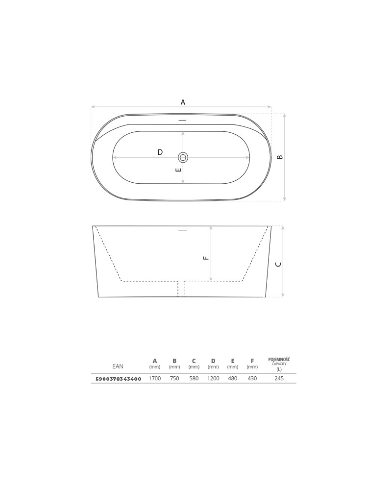 Free-standing bathtub Feetlux 1700 - Lavita