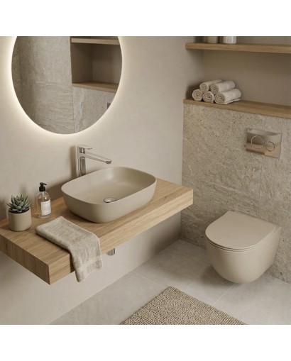 Sinto Light Khaki 3.0 falra akasztható wc csésze mosdóval ellátott fürdőszobában