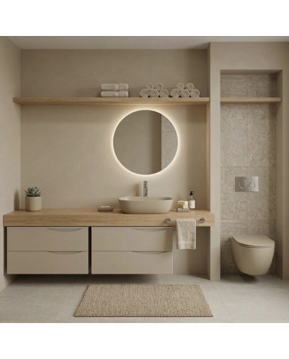 Sinto Light Khaki 3.0 pakabinamas unitazas moderniame vonios kambaryje su apvaliu veidrodžiu