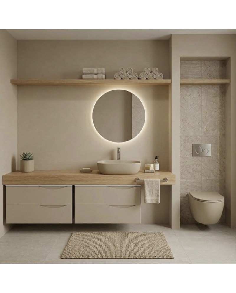Miska wisząca WC Sinto Light Khaki 3.0 w nowoczesnej łazience z okrągłym lustrem