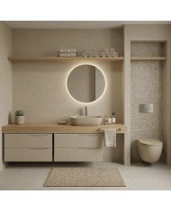 Sinto Light Khaki 3.0 pakabinamas unitazas moderniame vonios kambaryje su apvaliu veidrodžiu