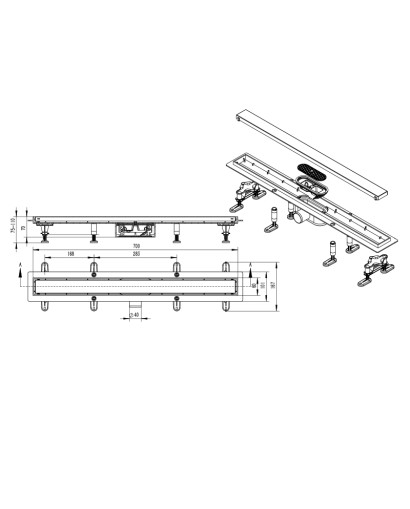 Odpływ liniowy River Chrome 700 – rysunek techniczny z wymiarami