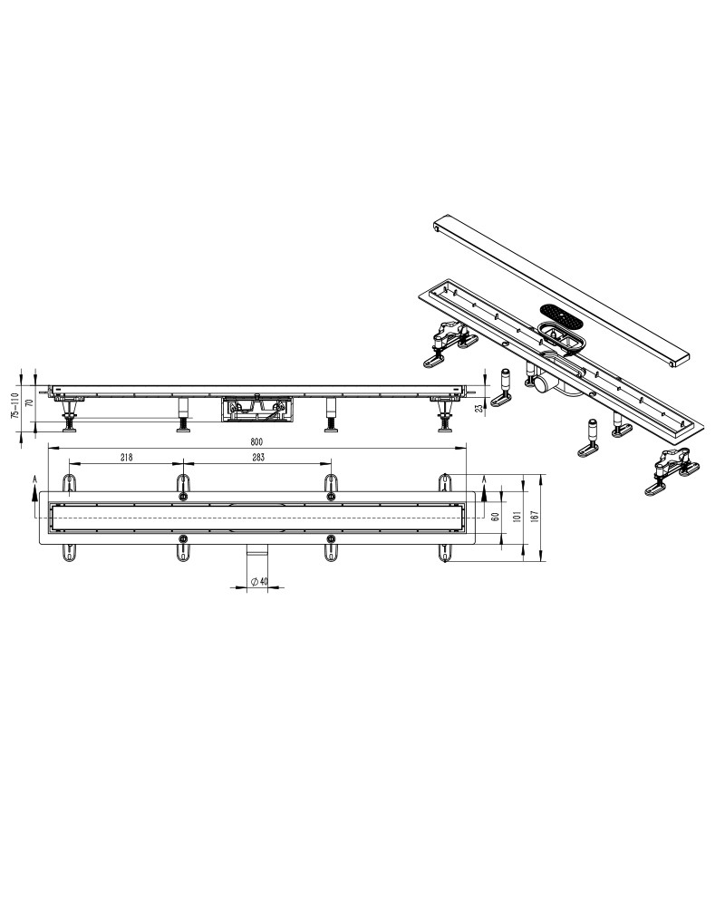 Odpływ liniowy River Chrome 800 – rysunek techniczny z wymiarami