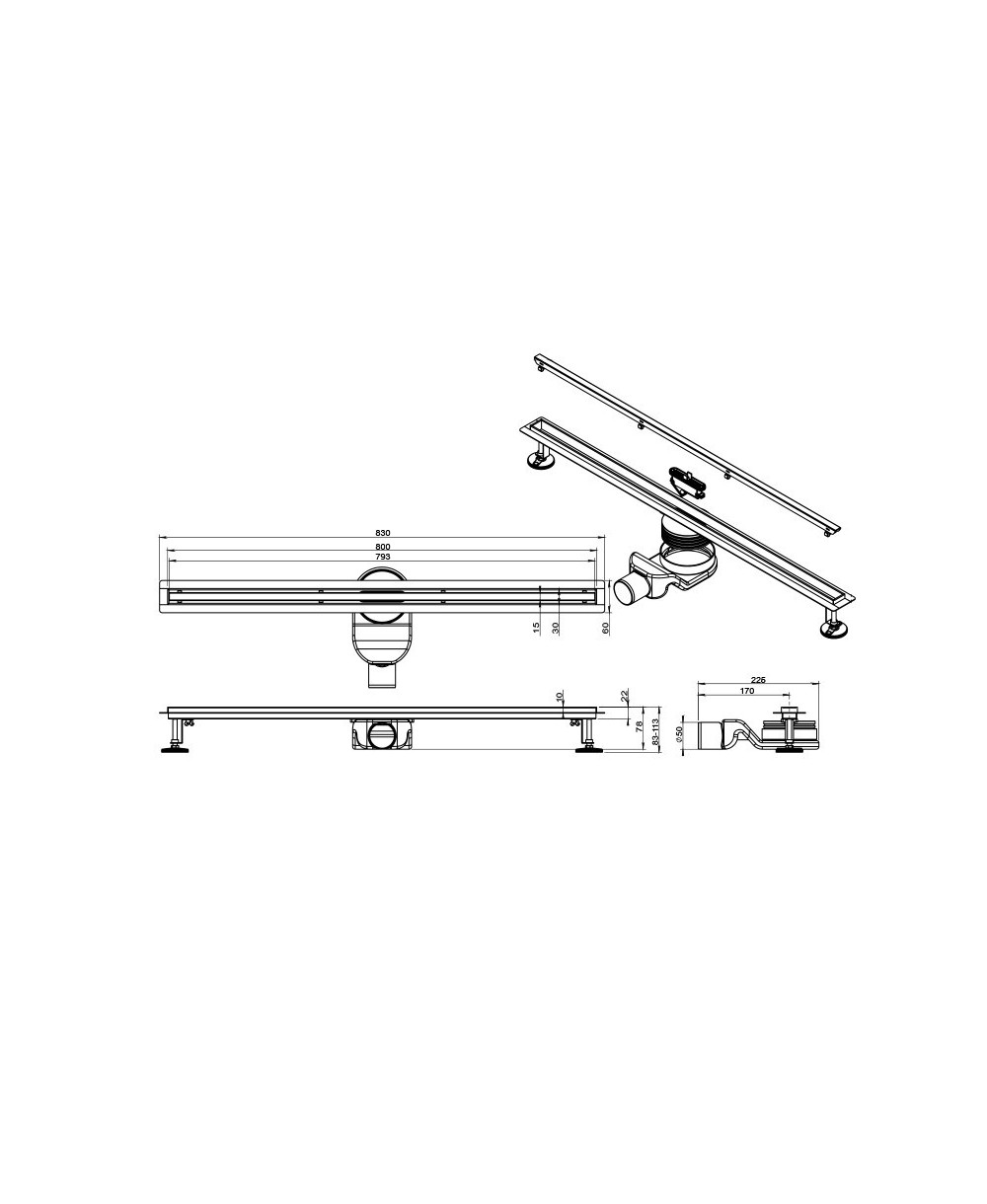 Odpływ liniowy Linear slim Chrome 800 – rysunek techniczny z wymiarami