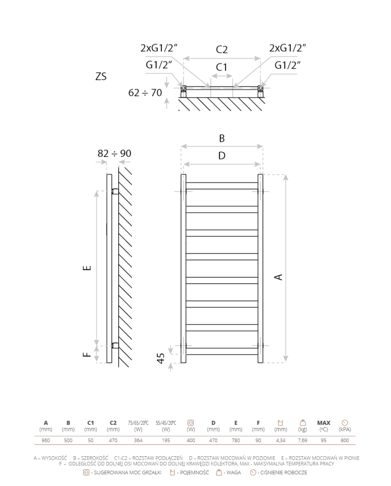 Bathroom Radiator Lungo White 960