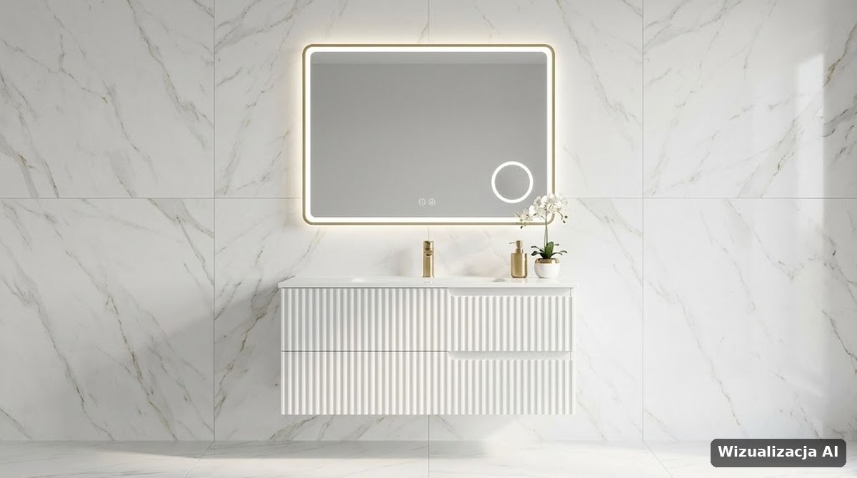 Lustro LED Lavita Glam Brushed Gold 80x60 z polem powiększającym nad szafką LINEA z umywalką